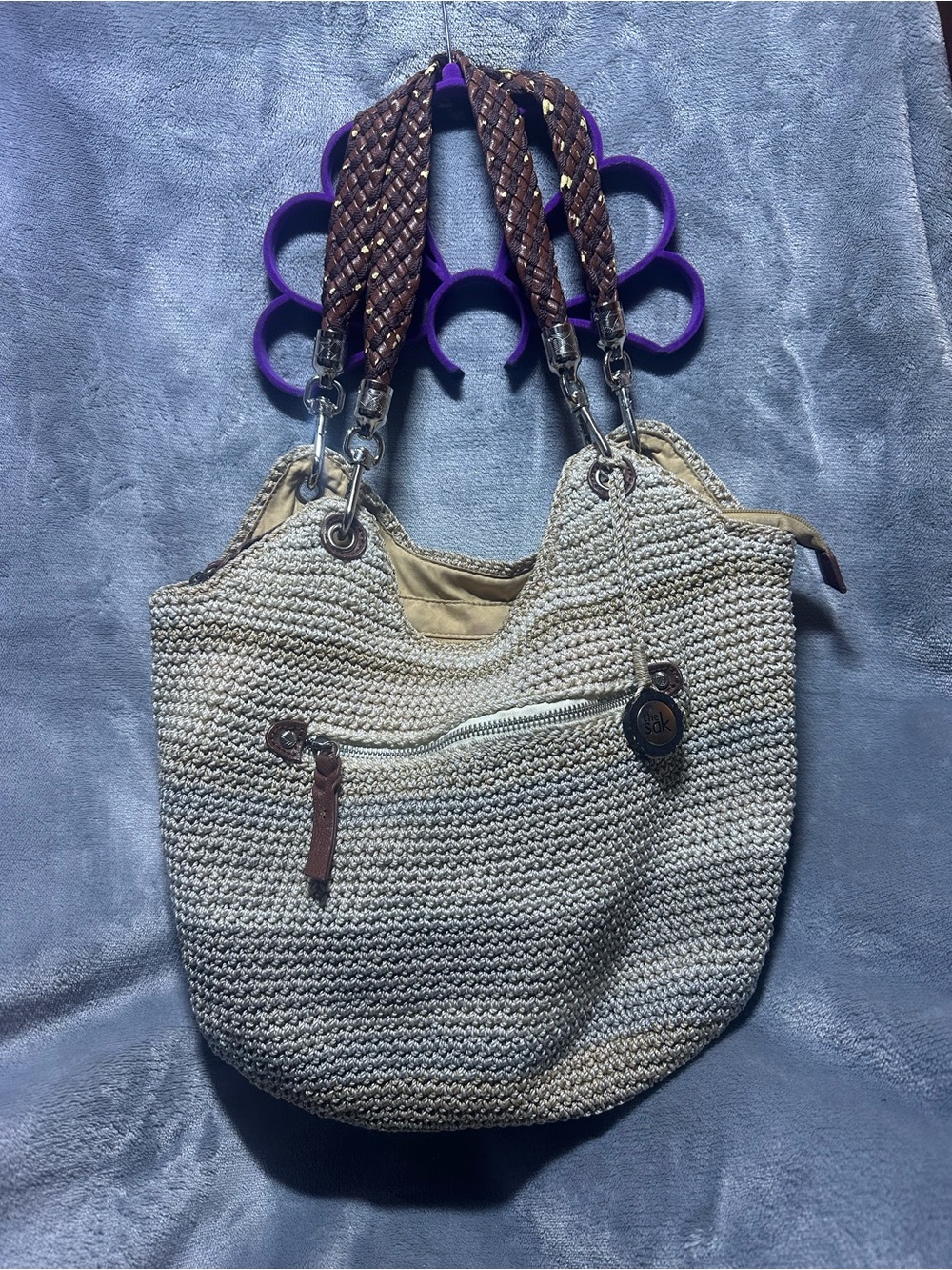 The Sak Cream Woven Shoulder Bag with Brown Braided Handles